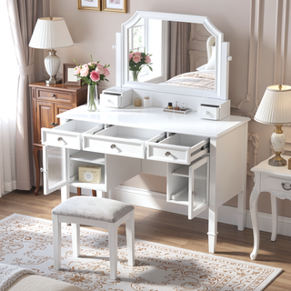 Sunvega Adjustable Mirror Makeup Vanity Desk with Drawers and Cabinet for Bedroom