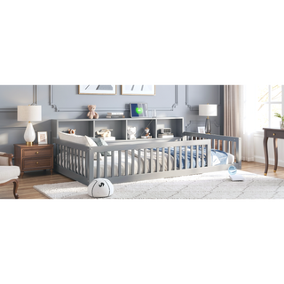 Sunvega White Wood Twin XL Floor Bed with Storage Cabinets and USB Charging Ports