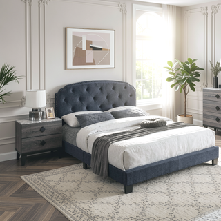 Sunvega Queen Size Charcoal Burlap Button Tufted Headboard Bed with Nailhead Trim