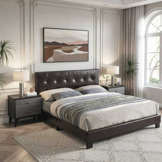 Sunvega Queen Size Brown Faux Leather Contemporary Rectangle Headboard