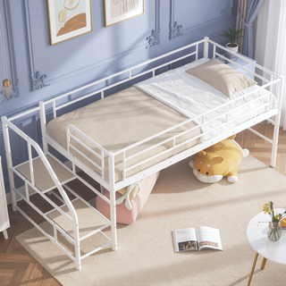 Sunvega Twin White Mid Loft Bed with Integrated Storage Stairs and Metal Frame