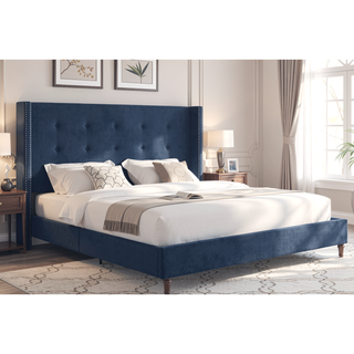 Sunvega Blue Velvet King Bed with Nailhead Trim Wingback and Buttoned Tufting