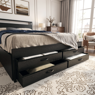 Sunvega Full Size Storage Bed Frame with LED Headboard Charging Station and 8 Drawers
