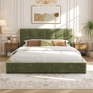 Sunvega King Size Velvet Bed Frame with Curved Tufted Headboard and Square Corners
