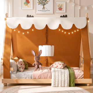 Sunvega Twin Size Brown House Bed with Detachable Tent and Light for Kids