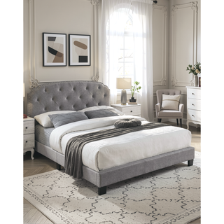 Sunvega Light Gray Burlap Button Tufted Headboard Full Size Bed with Nailhead Trim