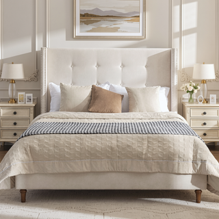 Sunvega Blue Velvet King Bed with Nailhead Trim Wingback and Buttoned Tufting