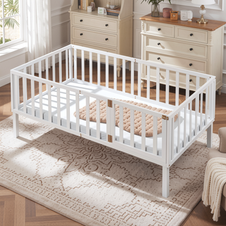 Sunvega Twin Size Wood Floor Bed Frame with Fence and Door in Walnut Finish