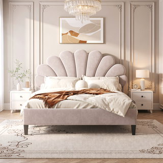 Sunvega Queen Size Upholstered Platform Bed with Flower Pattern Velvet Headboard