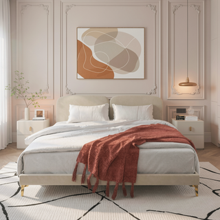 Sunvega King Ivory Velvet Upholstered Platform Bed with Foam Padded Headboard