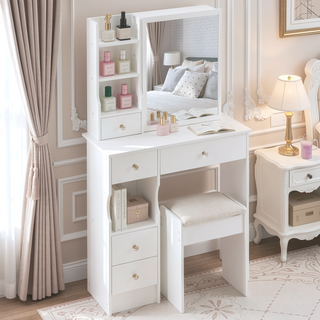 Sunvega Small Size Left Drawer Vanity Table with Adjustable LED Mirror and Stool