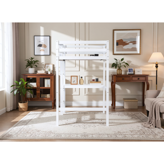 Sunvega Pink Rubber Wood Twin High Loft Bed with Safety Guardrail and Built-in Desk