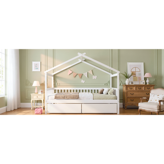 Sunvega Twin Size Wooden House Bed with Drawers and Headboard for Kids Room
