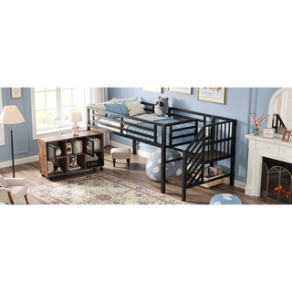 Sunvega Low Twin Metal Loft Bed with Stairs and 6 Rolling Storage Cubbies for Kids