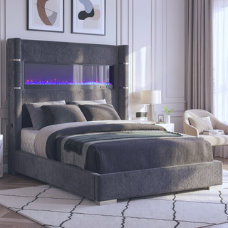 Sunvega Queen Upholstered Wingback Panel Bed with Remote Controlled Flame Box