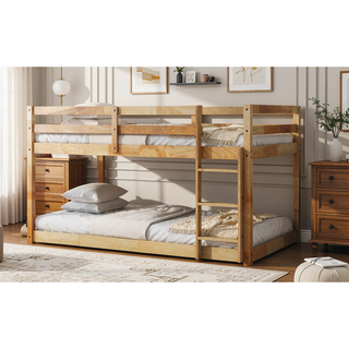 Sunvega Twin over Twin Solid Wooden Bunk Bed with Ladder and Strengthened Slats