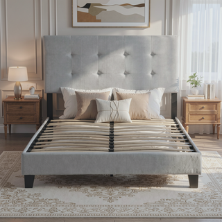 Sunvega King Size Upholstered Platform Bed with Button Tufted Linen Headboard