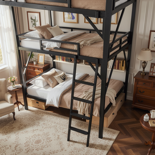Sunvega Full Metal Loft Bed with Storage Shelf and Ladder for Kids Teens