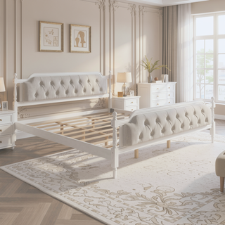 Sunvega French Provincial Style Solid Wood Bed Frame with Tufted Headboard