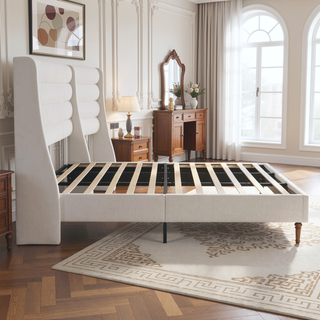 Sunvega Upholstered Queen Size Bed Frame with Wave - Shaped Headboard Premium Chenille Fabric