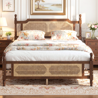 Sunvega Queen Pine Wooden Bed with Rattan Headboard and Footboard for Bedroom