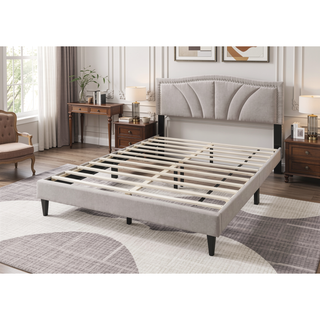 Sunvega Light Brown Burlap Queen Size Bed with Nailhead Trim and Sloped Curve
