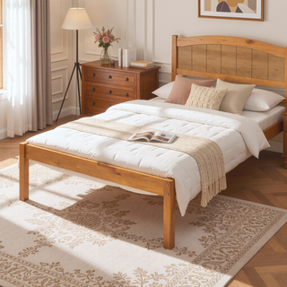 Sunvega Sturdy Wood Platform Bed Frame with Headboard for Queen Size Oak Finish