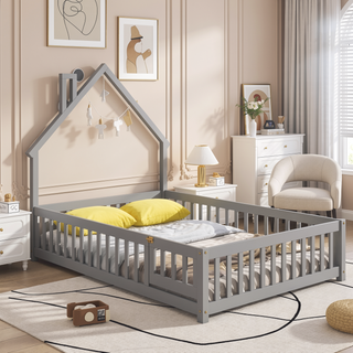 Sunvega Full Size House Shaped Headboard Floor Bed with Safety Fence Guardrails