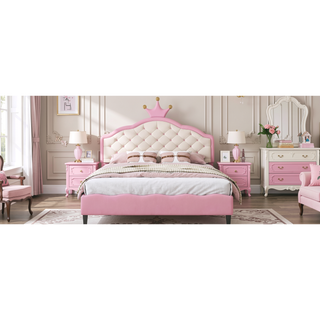 Sunvega Lovely Crown Fantasy PU Leather Princess Bed with Tufted Headboard