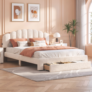 Sunvega Queen Size Upholstered Platform Bed with Storage Drawer and LED Lights