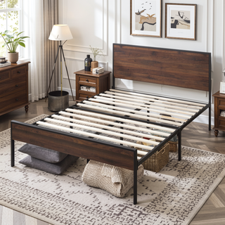 Sunvega White Oak Metal and Wood Platform Bed with Headboard and Footboard for King