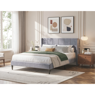 Sunvega Modern Minimalist Linen Upholstered Wingback Bed with Panel-Tufted Headboard