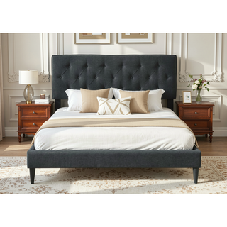 Sunvega Queen Upholstered Pleated Bed in a Box with Sturdy Dark Brown Frame