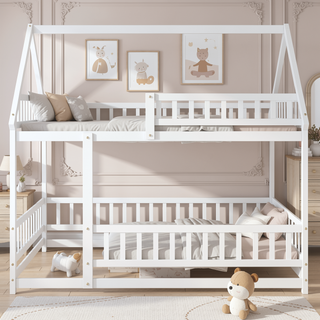 Sunvega Natural Wood House Roof Frame Floor Bed with Safety Guardrails