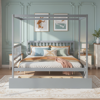 Sunvega Full Size House Canopy Bed Frame with Twin Trundle and Headboard Grey