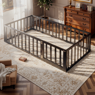 Sunvega Twin Size Wood Floor Bed Frame with Fence and Door in Walnut Finish