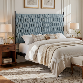 Sunvega Queen Size Headboard with Braided Fabric Upholstery and Black Metal Frame