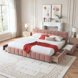 Sunvega California King Size Upholstered Bed with Storage Drawers and Soft Chenille Fabric Headboard