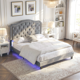 Sunvega King Size Upholstered Platform Bed with Button Tufted Linen Headboard