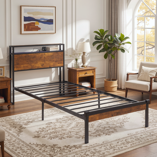 Sunvega Modern Twin Size Metal Platform Bed Frame with Wooden Headboard and USB LINER