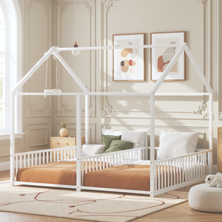 Sunvega Sturdy Metal Twin Size House Platform Beds with Guardrails