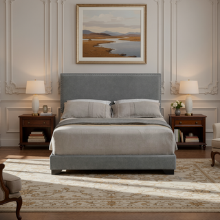 Sunvega Light Grey Queen Panel Bed with Nailhead Trim and Plush Upholstery