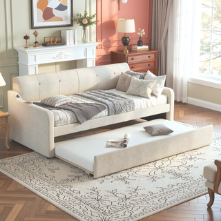 Sunvega Beige Upholstered Twin Daybed with Trundle and USB Charging Design