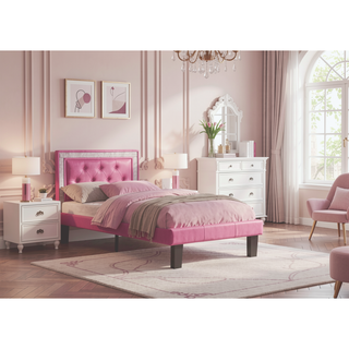 Sunvega Pink Faux Leather Upholstered Full Size Bed with Tufted Headboard