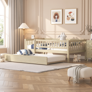 Sunvega Natural Twin Size Wood Daybed with Trundle and Fence Guardrails