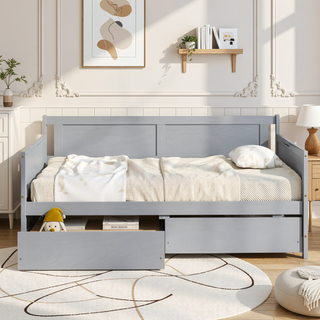 Sunvega Twin Size Pine Wood Daybed with Two Storage Drawers in White