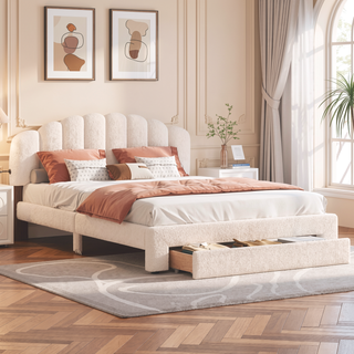 Sunvega Queen Size Upholstered Platform Bed with Storage Drawer and LED Lights
