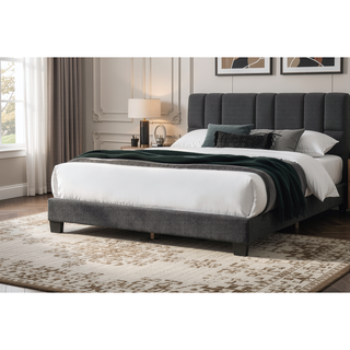 Sunvega Queen Size Bed with Channel Tufted Wool Upholstered Headboard and LED Lights