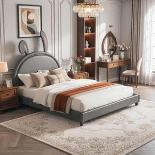 Sunvega Full Size Upholstered Leather Platform Bed with Rabbit Ornament and High Load Capacity