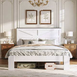 Sunvega Industrial Style Wood Platform King Bed Frame with Headboard and Storage